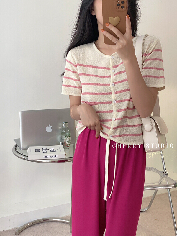 New in early summer! [cherry studio] versatile striped pocket decorative T-shirt 5203# HBx