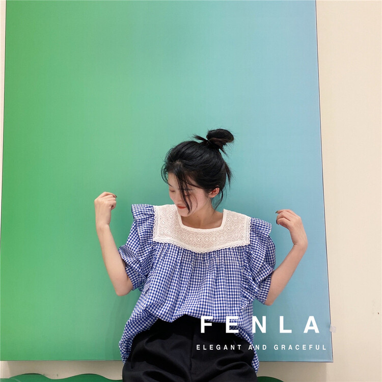 [fenla] French PLAID RUFFLE short sleeved shirt ys1-5669# WPL