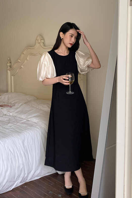 goods in stock! [new open] backless stitched bubble sleeve design sense of niche waist closing dress fl22602# zxl