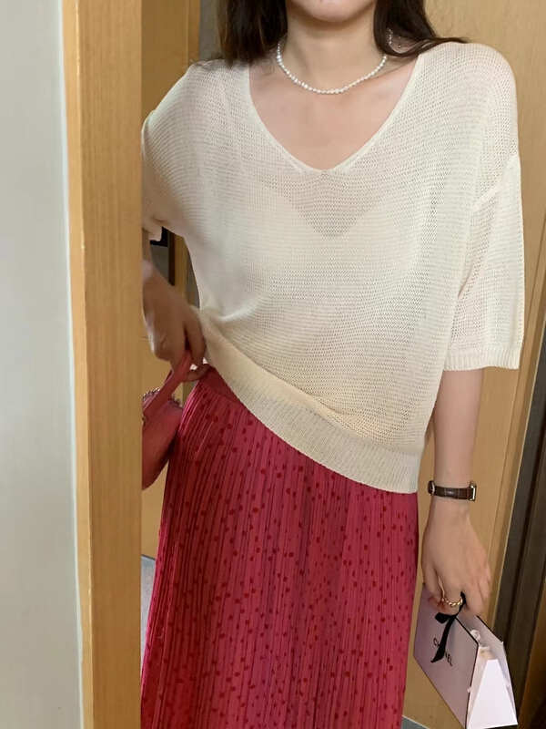 [Sicily] Korean V-neck short sleeved sweater 3389# XJ