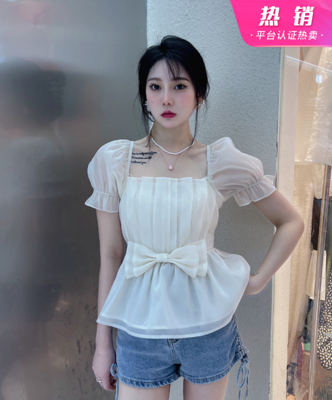 [mi2] bow waist closing Korean small shirt (only small shirt) e9288# JJ