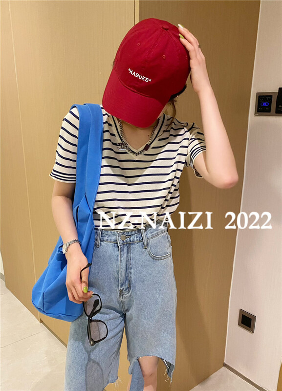 [Naizi] V-neck stripe loose short sleeve T-shirt 6605# ozq