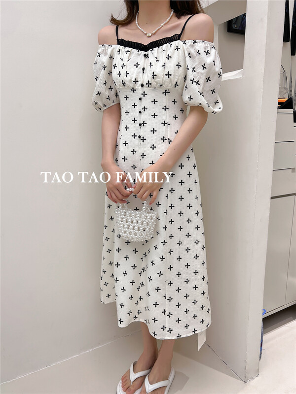 goods in stock! New in early summer! [Taotao family] French off shoulder collar print dress 3615# lwy