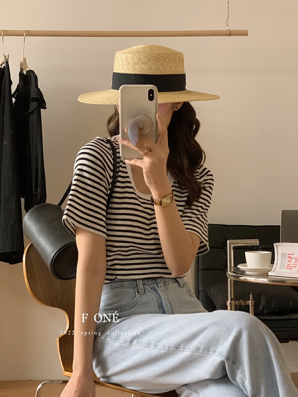 [f one] Korean versatile loose round neck stripe short sleeve T-shirt 66117# WPL