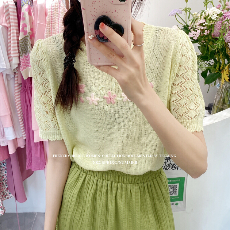 goods in stock! [teem ing] soft embroidered short sleeved warm sweater 22t175# hjy