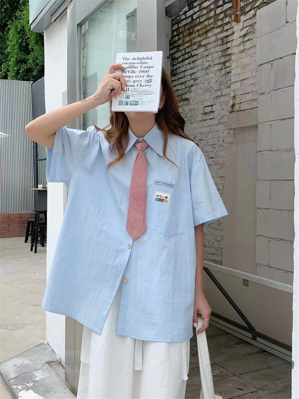 New in early summer! [Hua +] simple casual single breasted label loose shirt (with tie) 7136# LSW