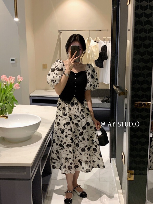 [ay studio] Korean lady bubble sleeve super fairy floral dress 66872# zxx