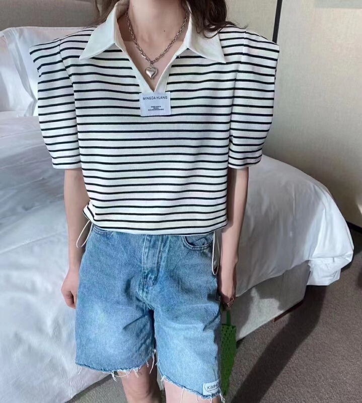 New in early summer! [top] casual Stripe Drawstring Lapel short sleeve T-shirt b39# ZSY