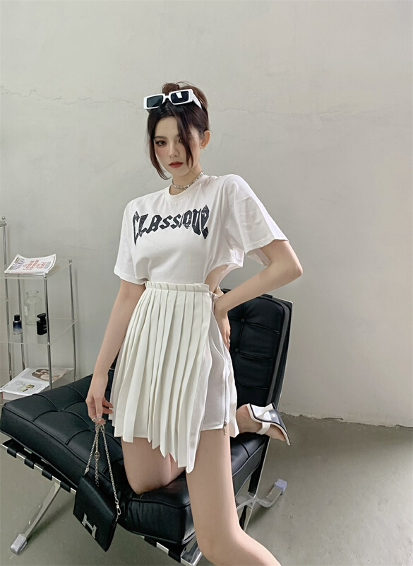 [rich people] Korean loose letter printed hollow out waist T-shirt dress 1075# PCZ