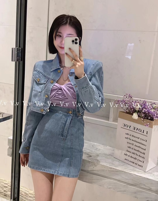 goods in stock! [v.v] Korean casual short denim jacket + casual versatile denim skirt two piece suit 9889# cqw