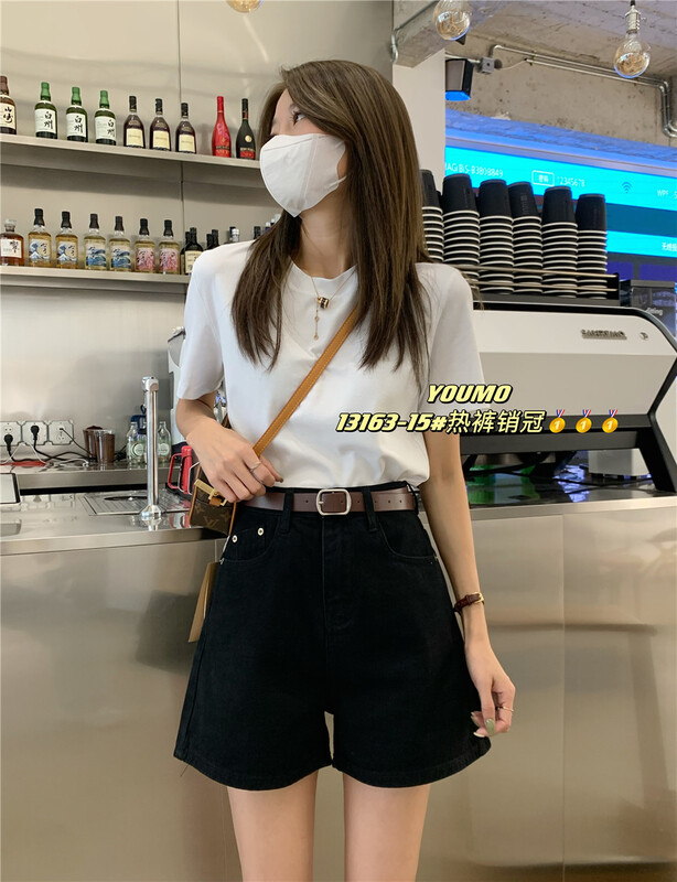 [Youmo] high waist fashion slim denim shorts (with belt) 13163-15# LSL