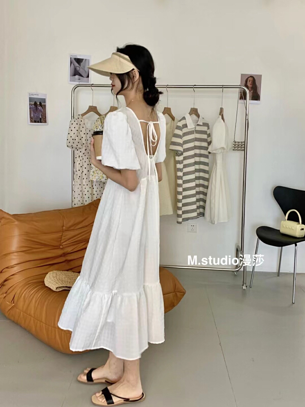 [MSTUDIO MANSA] back hollow bubble sleeve temperament dress 6665# ll