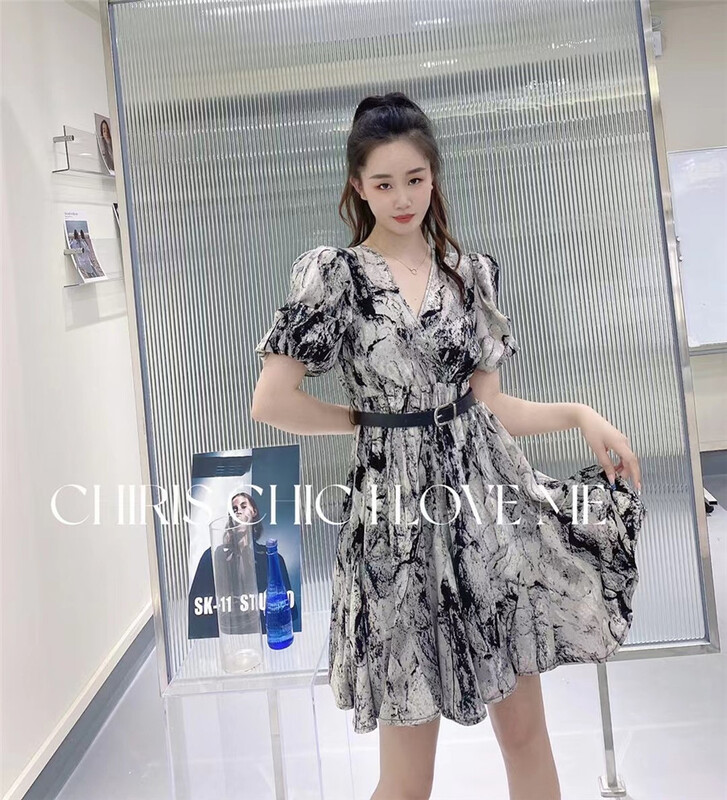 [iris chic] V-neck tie dyed temperament dress (with belt) 3349s# ozq