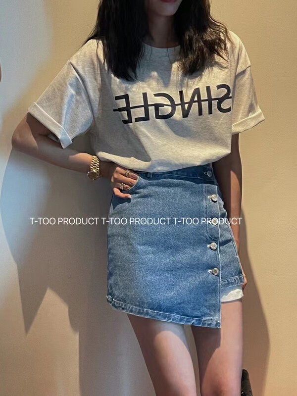 [top] round neck lettered print medium long short sleeve T-shirt + button denim skirt set 2063# zjy