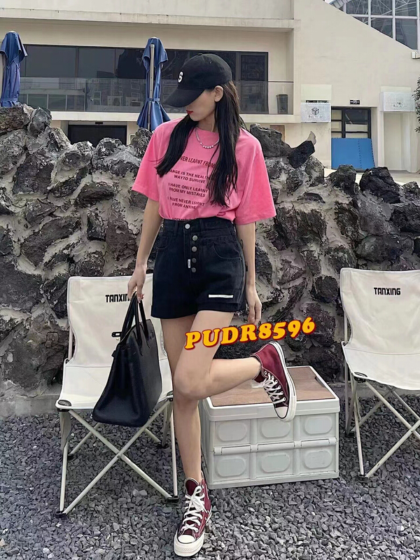 [pudr] denim shorts with buttoned hem 8596 blue 8596-1 black # XJ