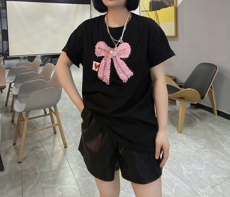 [Qijia +] bow fashion versatile short sleeve T-shirt 7321# zyh