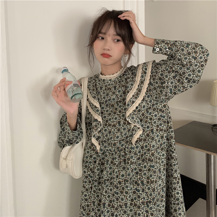 早春上新!【及時雨】韓風ins甜美氣質半高領花邊寬鬆顯瘦連衣裙  07019#  JHY