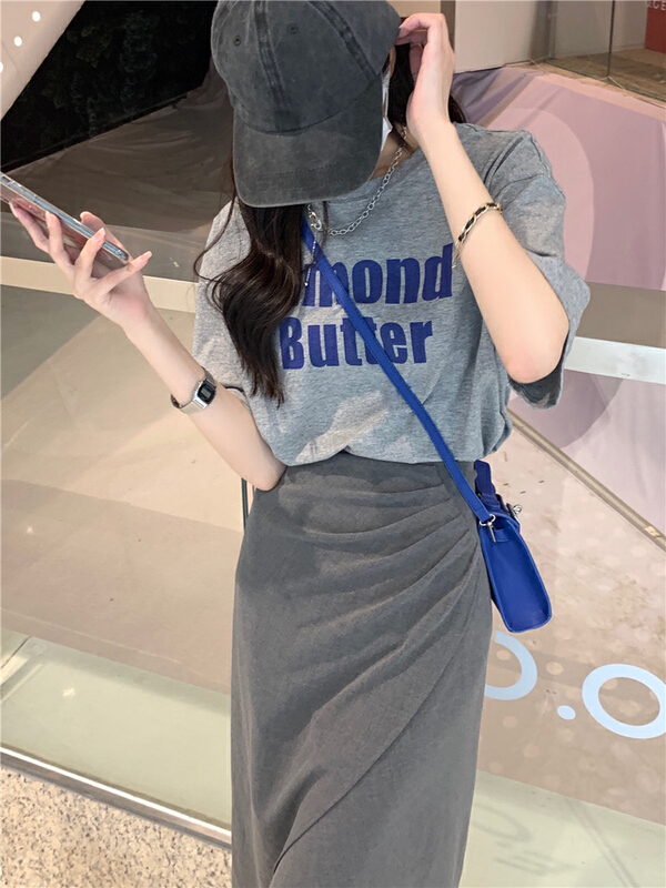 [jun.t] Korean alphabet short sleeve T-shirt + pleated slim skirt two piece set 5876# PCZ