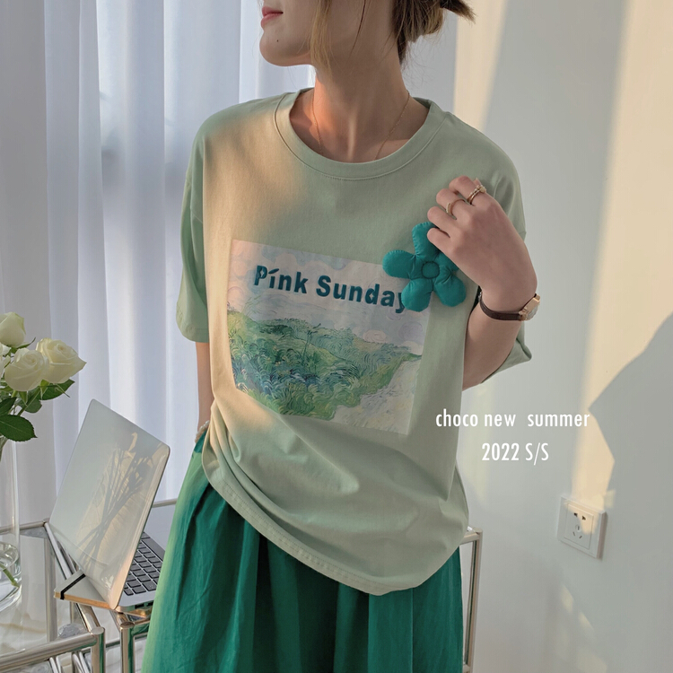 [choco] Han Feng oil painting letter flower 	 Short sleeve T-shirt 8202# HBx