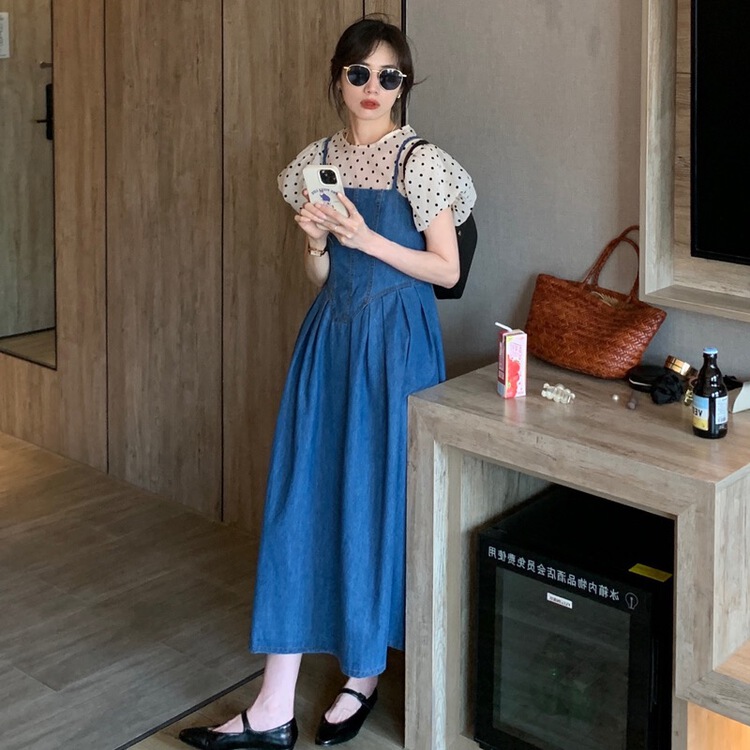 [amega] round neck Polka Dot Print Blouse + suspender denim dress set 6937# HBx