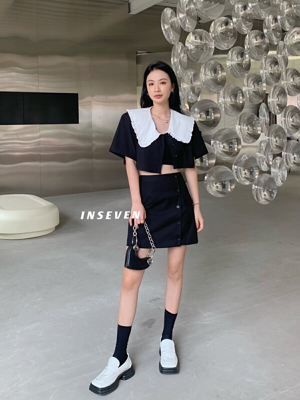 goods in stock! New in early summer! [inseven] Korean version baby collar single breasted short coat + high waist slim skirt suit 27102# ozq