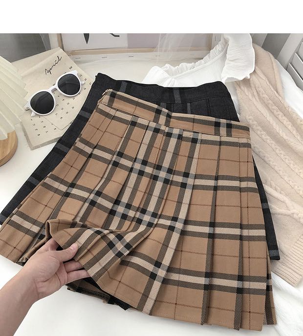 New year in early spring! [Gangan] Korean retro versatile high waist pleated contrast checked anti light A-line skirt 8385# ll