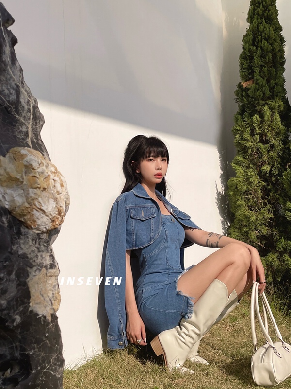 goods in stock! New year in early spring! [inseven] short denim jacket ➕ Slim fit bra strap skirt set 25110# ozq