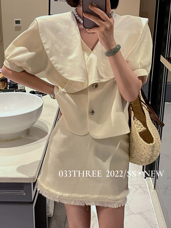 [033there] color blocked breasted short coat + high waist slim skirt suit 8068# ozq