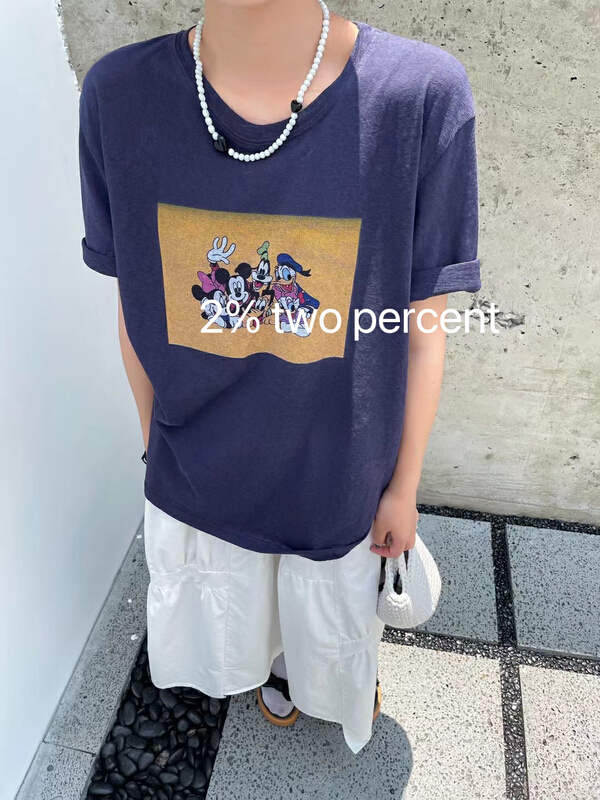 [two percent] linen Mickey family printed short sleeve T-shirt 1031# LSL