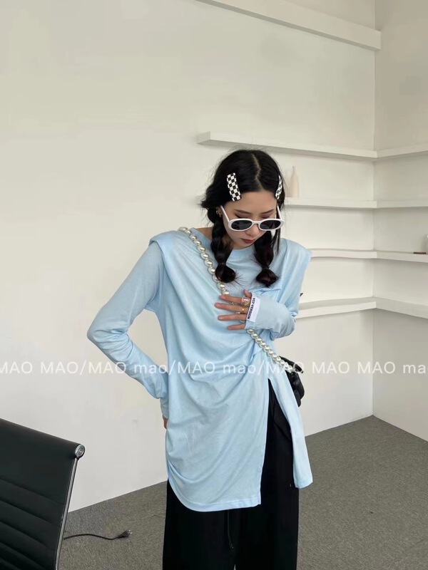 Original price 39.48! [Maomao] shoulder pad crimp loose long sleeve T-shirt 696# WTT