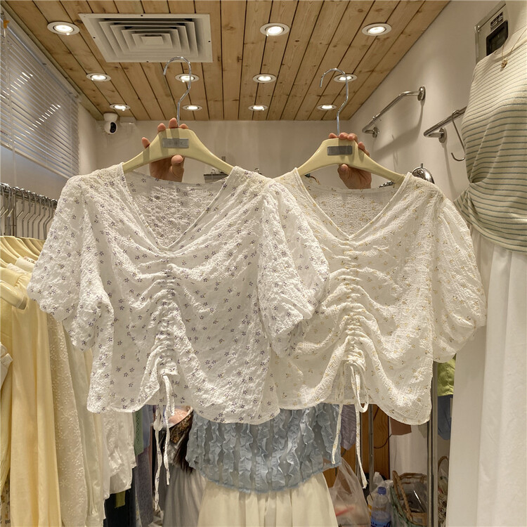 New in early summer! [Muli] V-neck drawstring floral shirt 60643# HBx