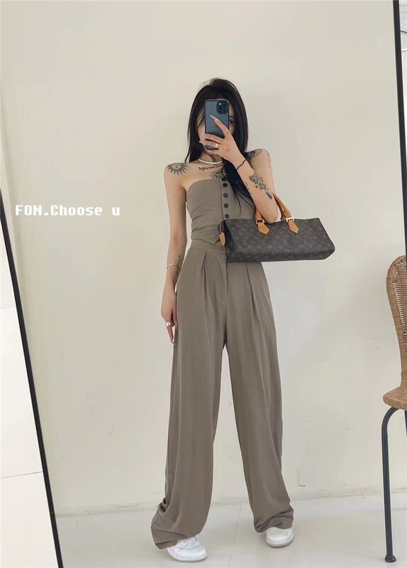 [top] sexy breasted tank top + high waist and wide leg casual pants set ys2-8036# zjy