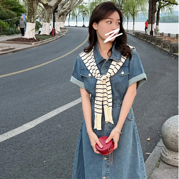 【JUN.T】韓版顯瘦中長款牛仔連衣裙(配披肩)  5959#  PCZ