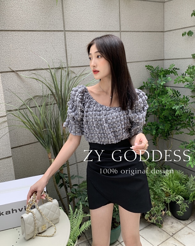 [ZY] French bubble lattice texture, versatile one line collar short shirt 68271# ozq