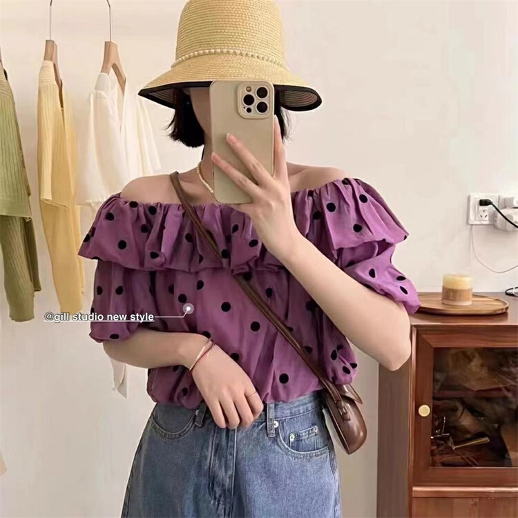 [gill] Korean style one line collar wave point ruffled blouse 7037# zjy