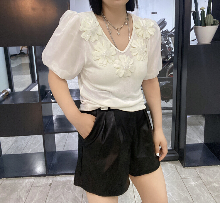New in early summer! [Qijia +] slim fit flower bubble shoulder short sleeve T-shirt 7368# zyh