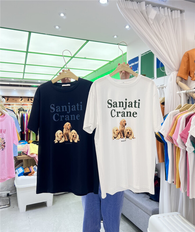 [1986] crew neck loose letter puppy print short sleeve T-shirt c957# LSL