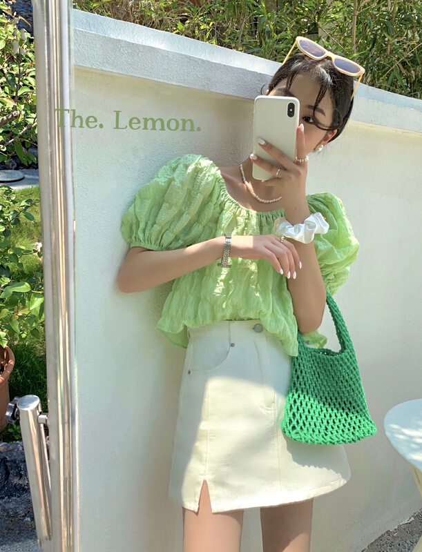 [lemon green tea] Korean women's bubble sleeve short shirt 2136# hjy