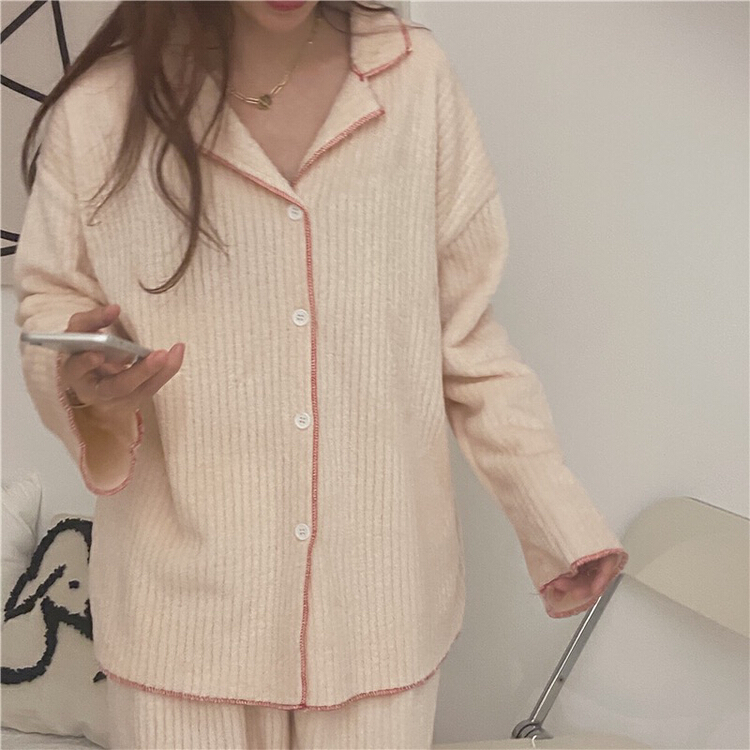[meetu] simple Lapel Top + home comfortable casual pants Pajama suit 8095# ZSY