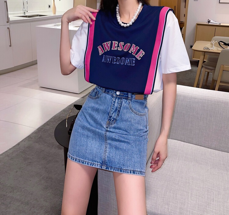 [shuilifang] letter splicing Pullover short sleeve T-shirt 8153# LSL