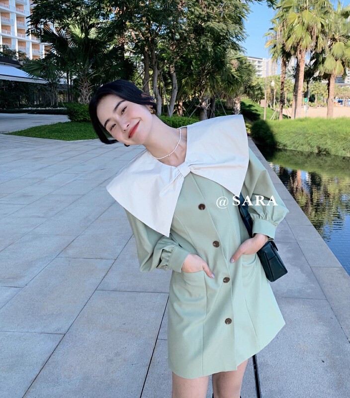 goods in stock! New year in early spring! [Sara] French sweet contrast bow collar suit dress 16808# jhy