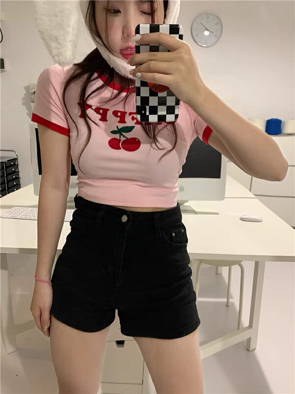 [Baobao] Cherry letters versatile short sleeve T-shirt 5780# ozq