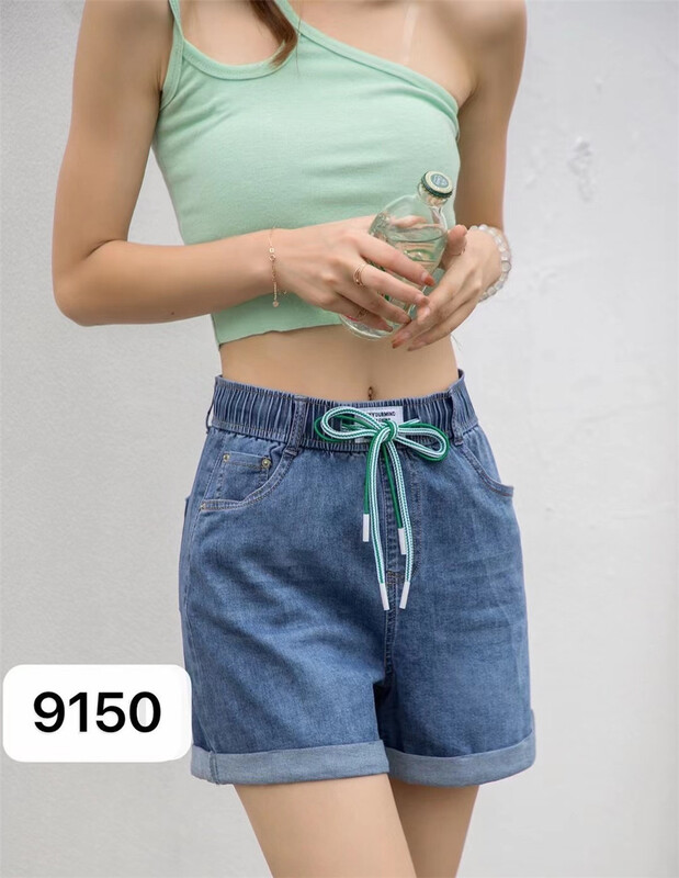 [Meisi pants store] Korean high waist lace up label denim shorts 9150# WPL