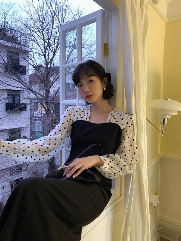 New year in early spring! [new open] light luxury temperament sweet wave dot stitching dress hl22563# zxl