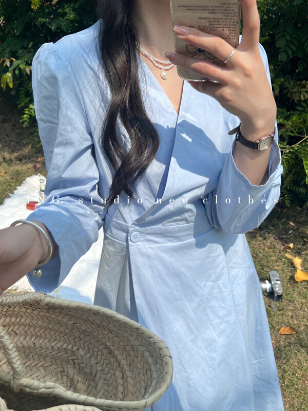Original price 73.72! New year in early spring! [ing] Korean style, slim waist, V-neck side button dress 6509# ZSY
