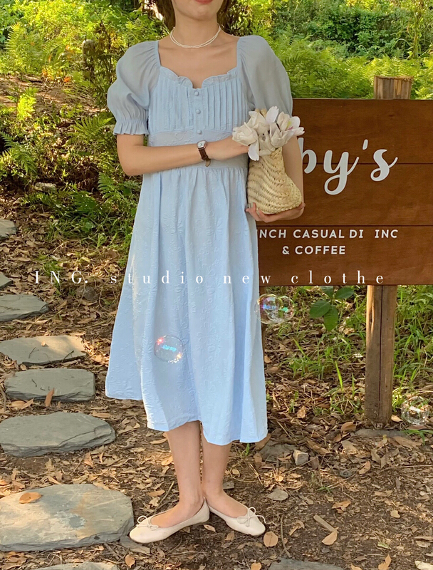 New in early summer! [ing] French romantic square neck bubble sleeve dress 7703# HBx