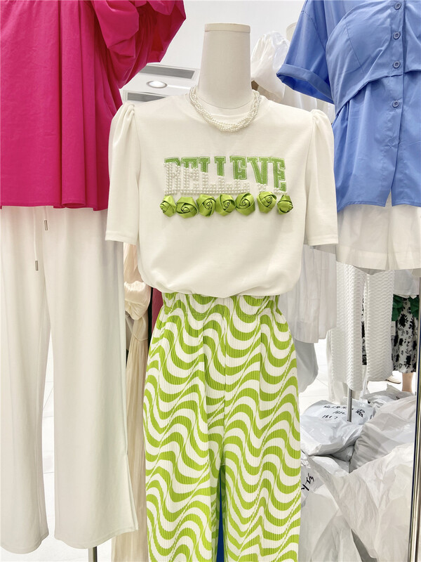 [Junjun Jun] small group design nail bead letter short sleeve T-shirt 16873# CLS