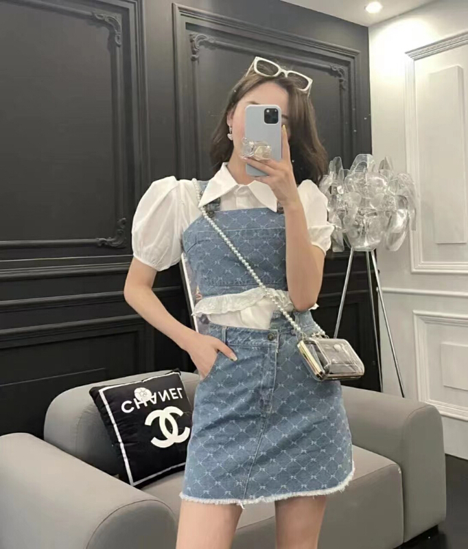 New in early summer! [HH] Korean short shirt + Denim Vest + slim denim skirt three piece suit 2414# LSL