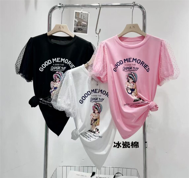 [Yi Ge Li] cartoon printed lace stitched short sleeve T-shirt 1198# WPL