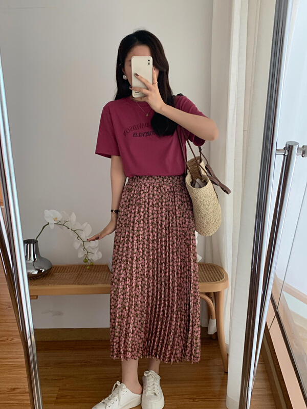 [victory. 2] letter print T-shirt + floral lady skirt set b176# WPL